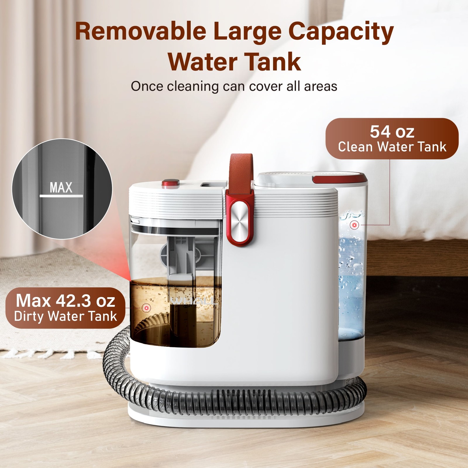 WHALL Portable Carpet Cleaner Machine, 15KPa Suction, Dual Water Tanks, Wide