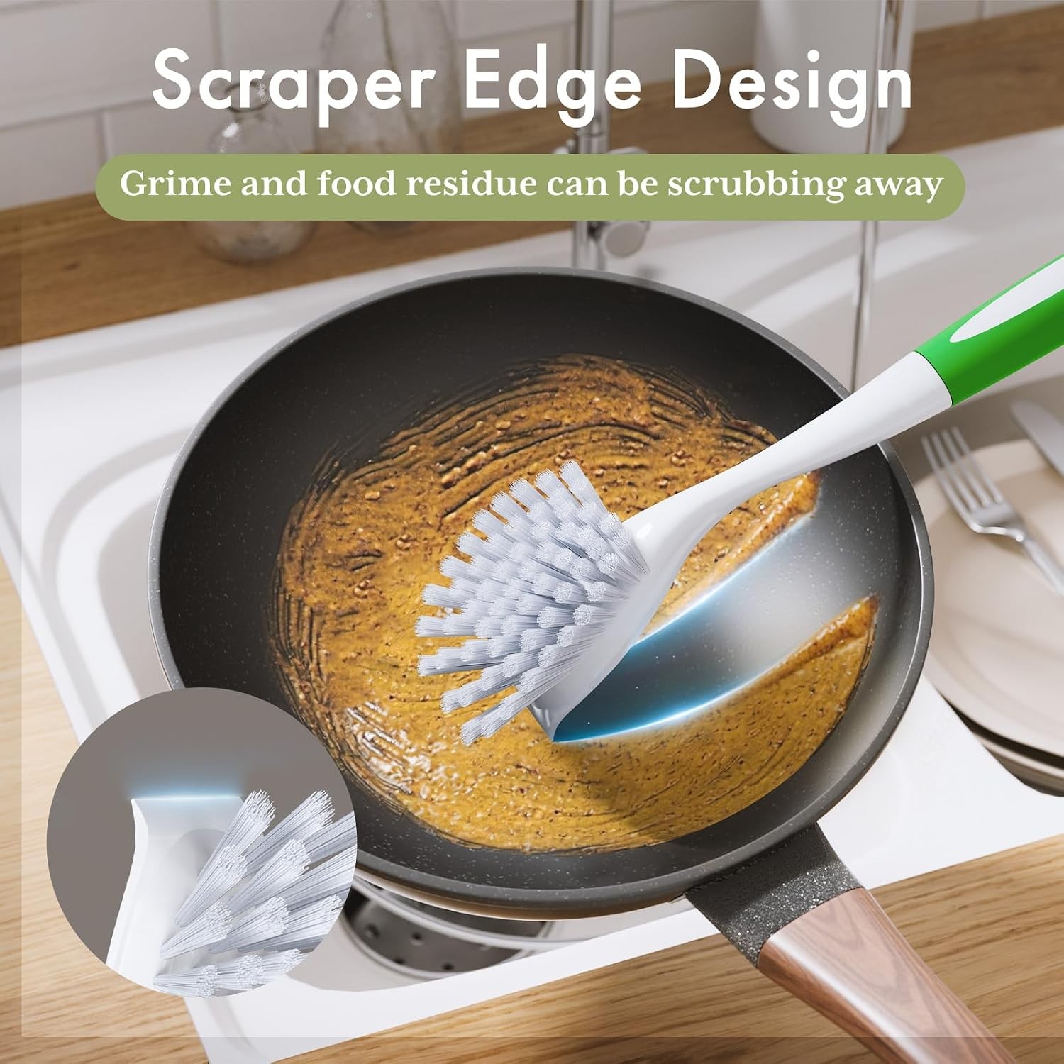 Dish Brush with Handle, 2 Pack Kitchen Scrub Brushes for Cleaning, Dish Scrubber