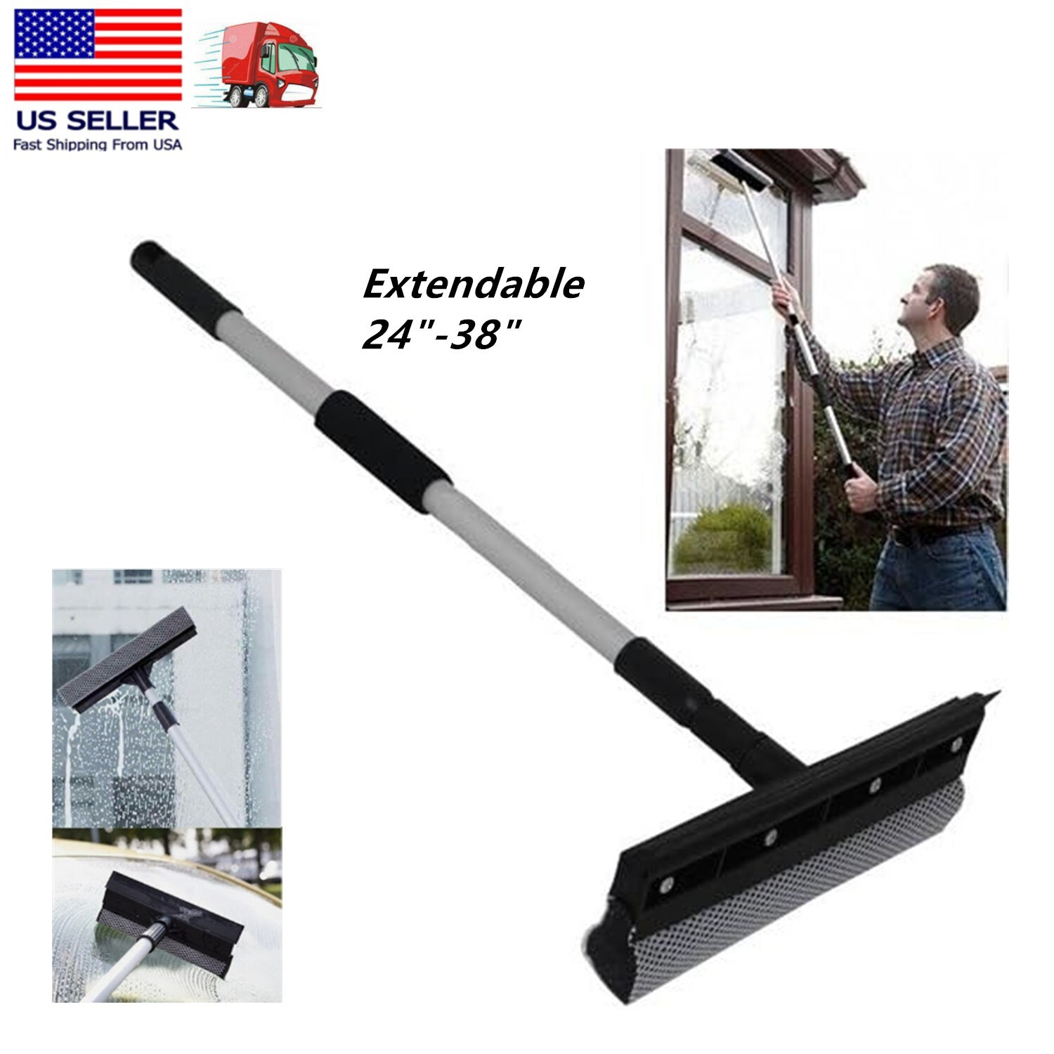38″ Extendable Window Squeegee Cleaner Long Handle Car Cleaning Window Glass