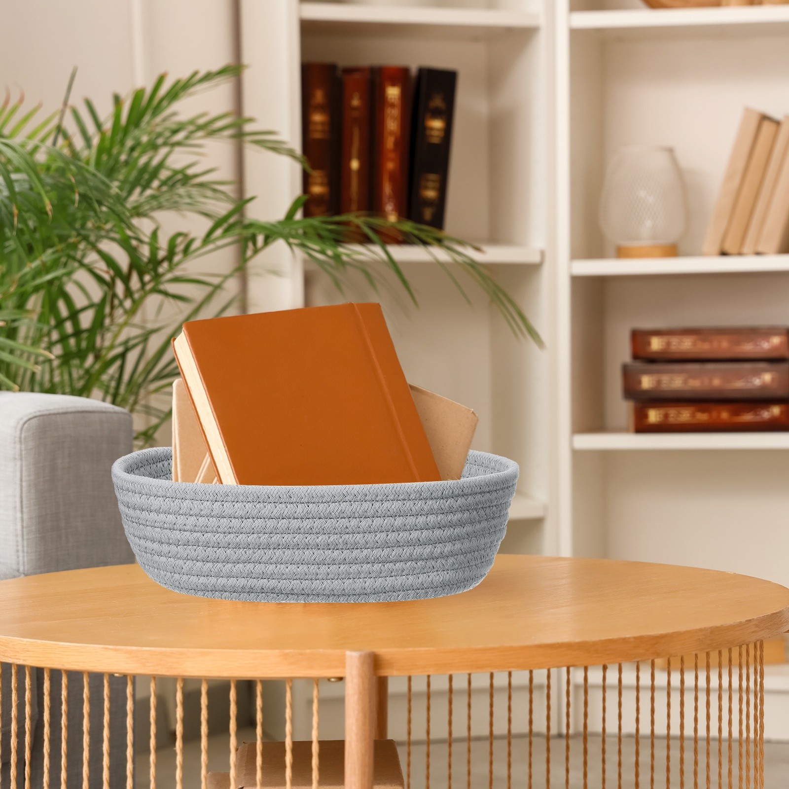 Gray Small Cotton Rope Woven Storage Basket Oval 10.3″x3.2″