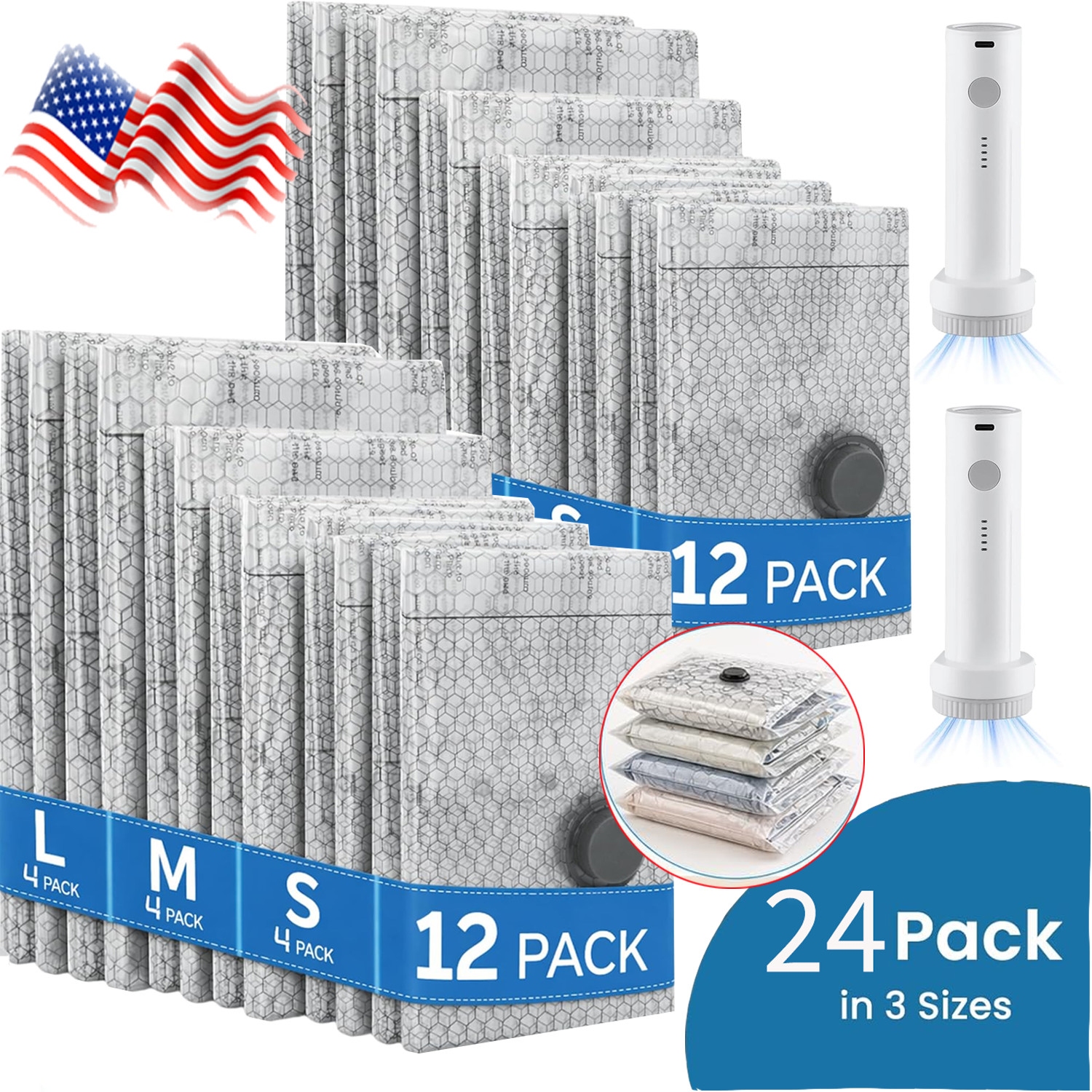 24 Pack Vacuum Seal Bags for Clothing with Wireless Electric Pump Travel & Home