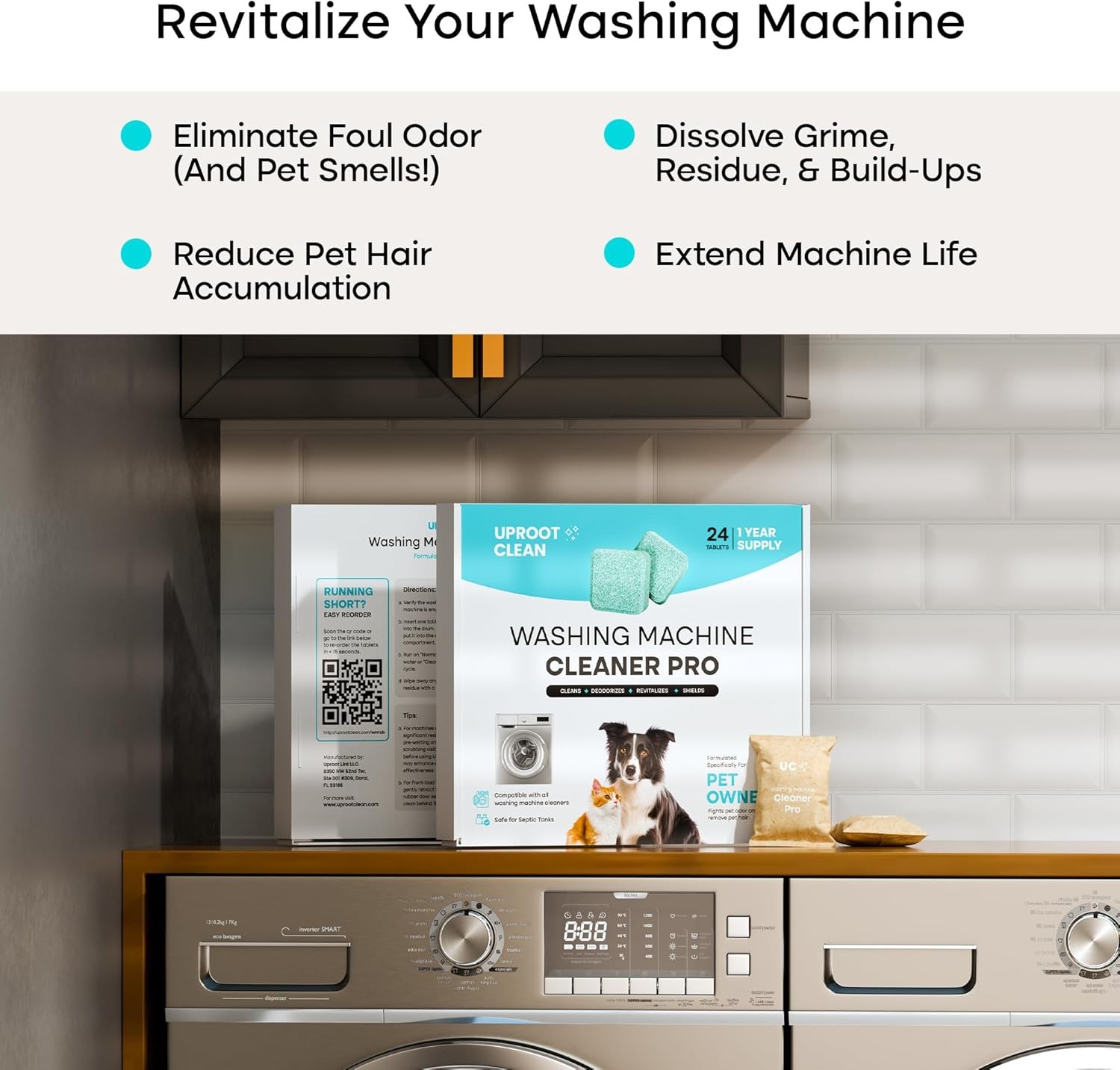 Washing Machine Cleaner Tablets – 24 Pack for Pet Owners, Septic Safe 1 Year Sup