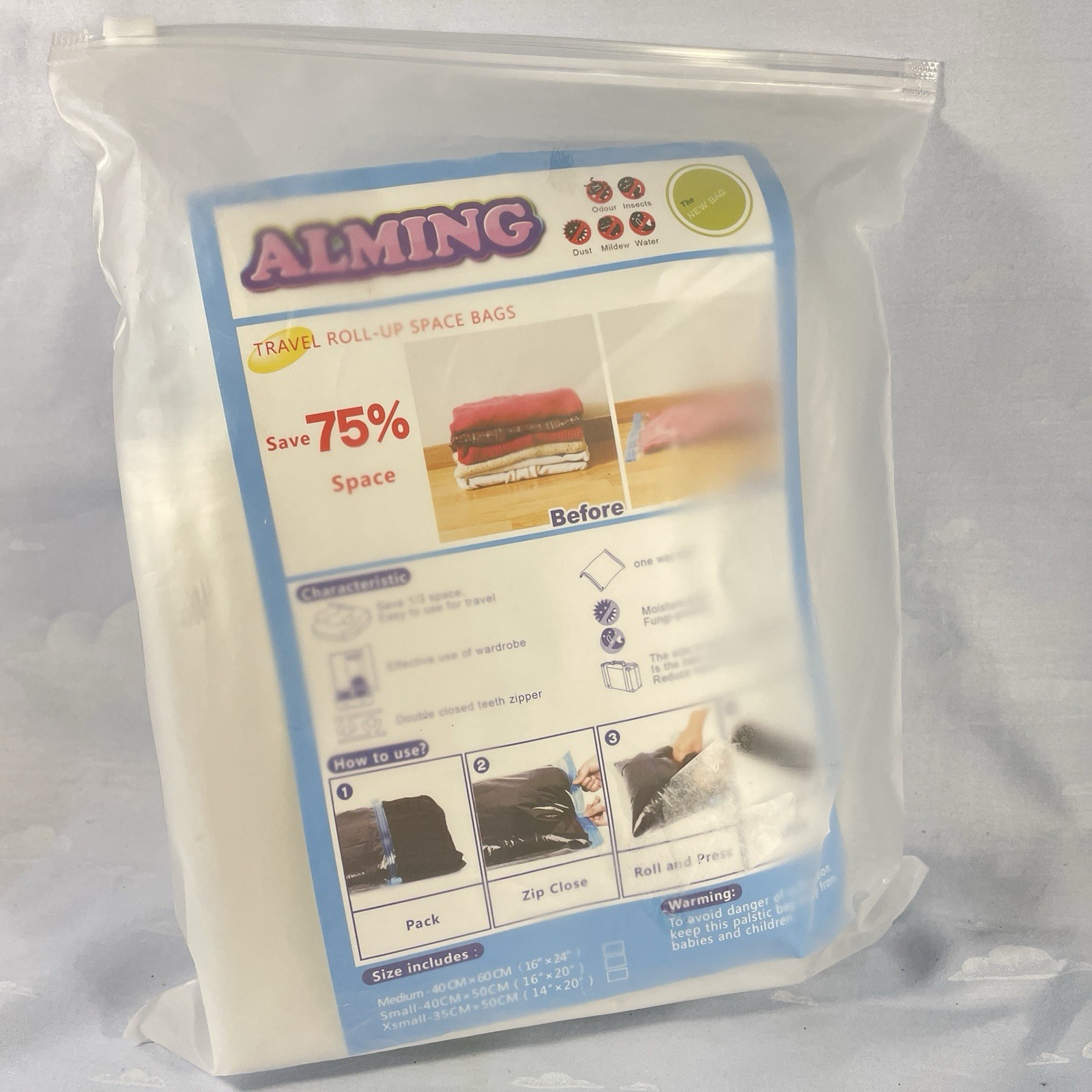 Travel Roll-Up Space Saver Bags Storage Travel Zip Close 3 Sizes See Details