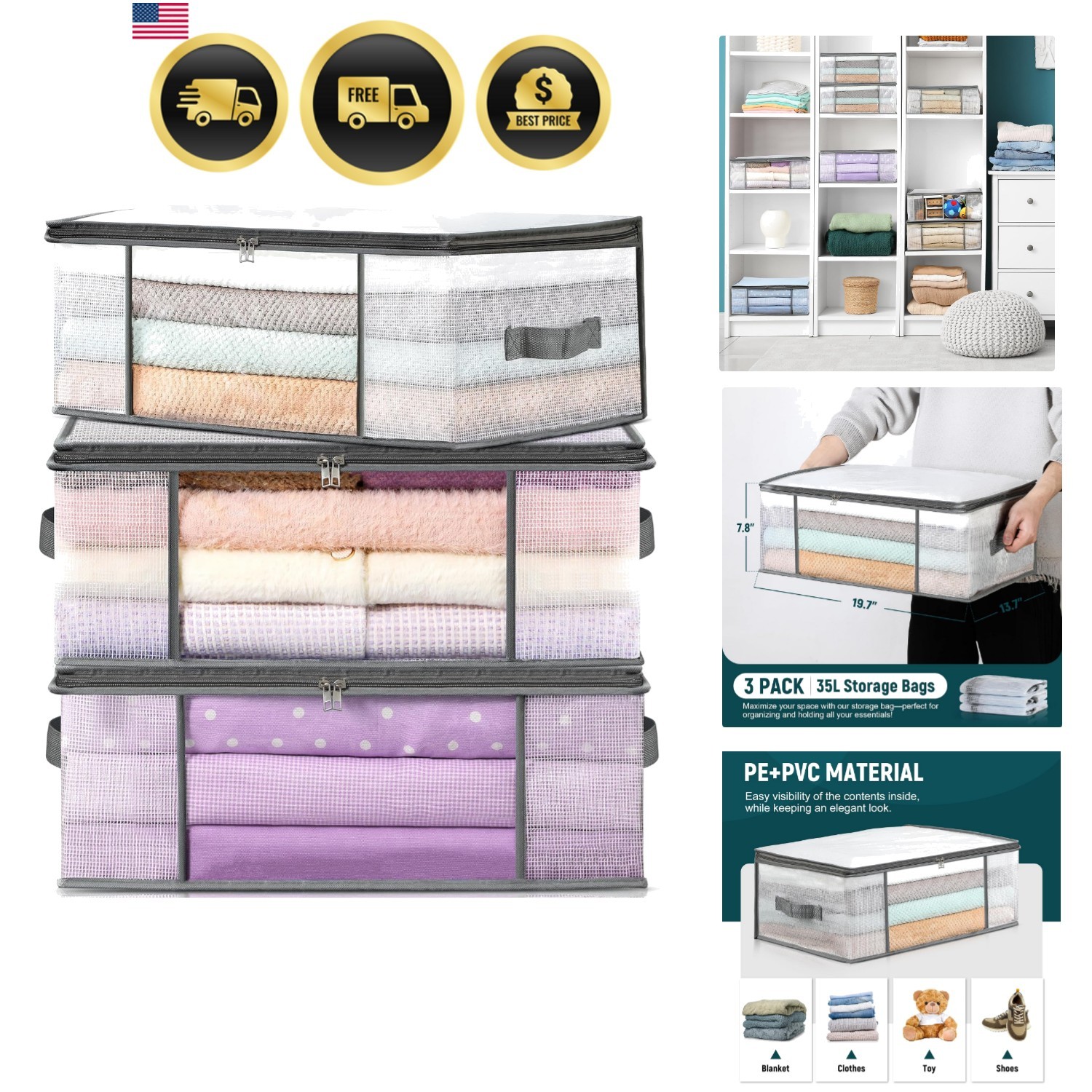 3-Pack Clothes Storage Bags, Plastic Foldable Blanket Storage bins, Closet Or…