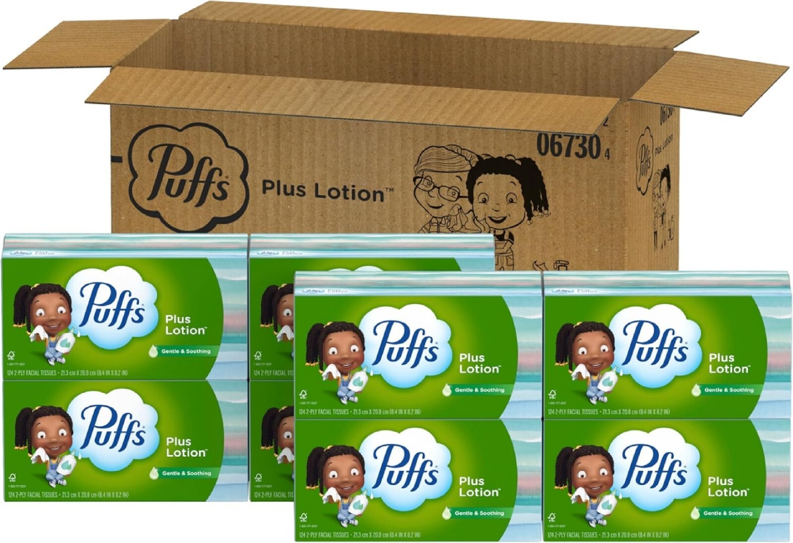 Puffs Plus Lotion Facial Tissues, 8 Family Boxes, 124 Facial Tissues per Box, Al