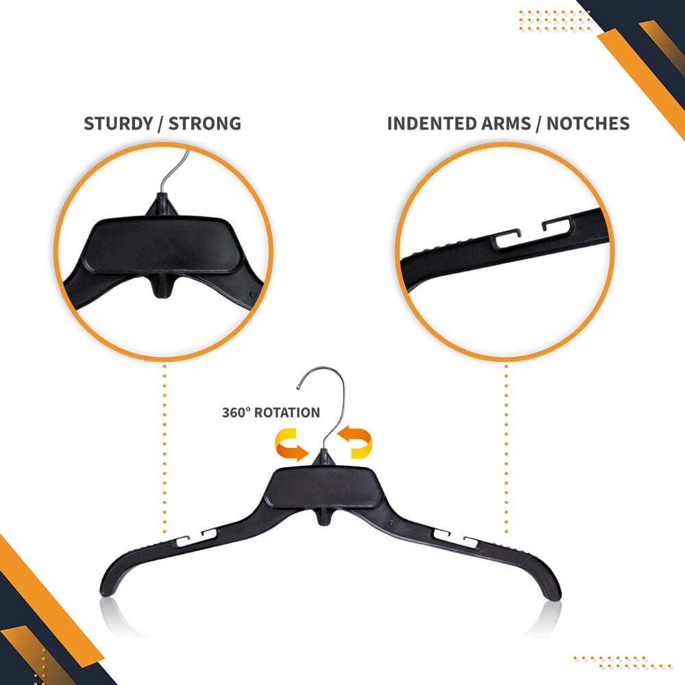 25 Pack Durable Plastic Clothing Hangers with Metal Swivel Hooks, 17 inch,Black