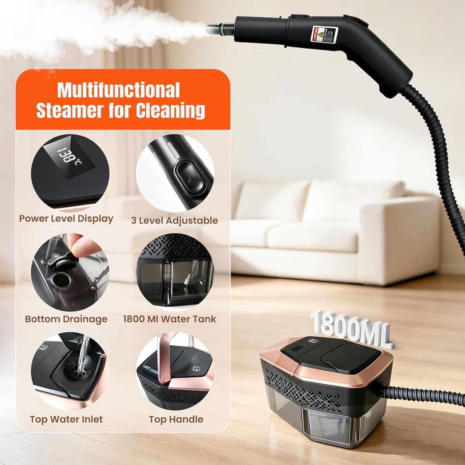 Steam Cleaner for Home & Car, 3-Level Adjustable Steamer for Cleaning, 15s He…