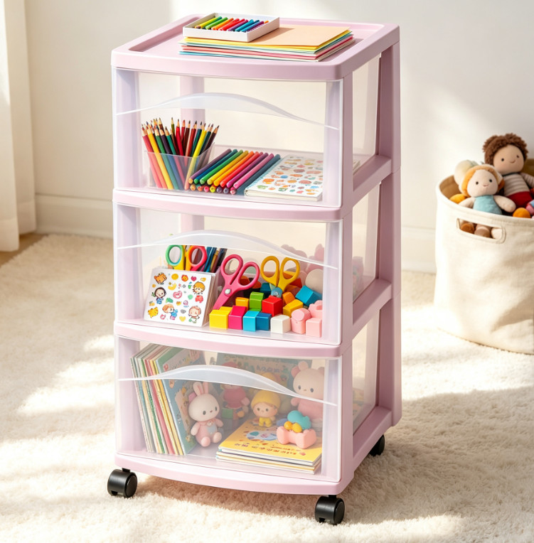 Rolling Plastic Drawer Tower with 3 Storage Bins for Home Organization