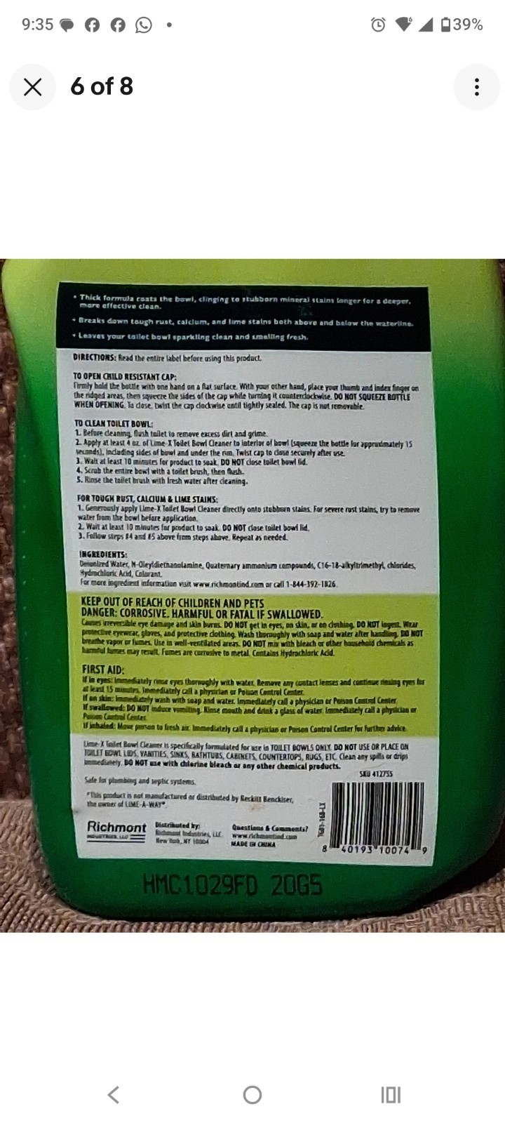 6 PACKS Lime-X Thick Gel Formula Toilet Bowl Cleaner / 16 fl oz