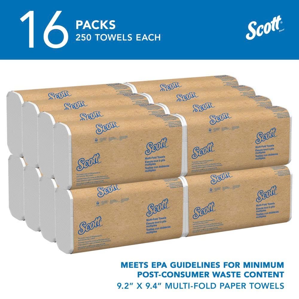 Scott Essential Recycled Multifold Paper Towels, 1-ply, 250 SheetsPack, 16 Packs