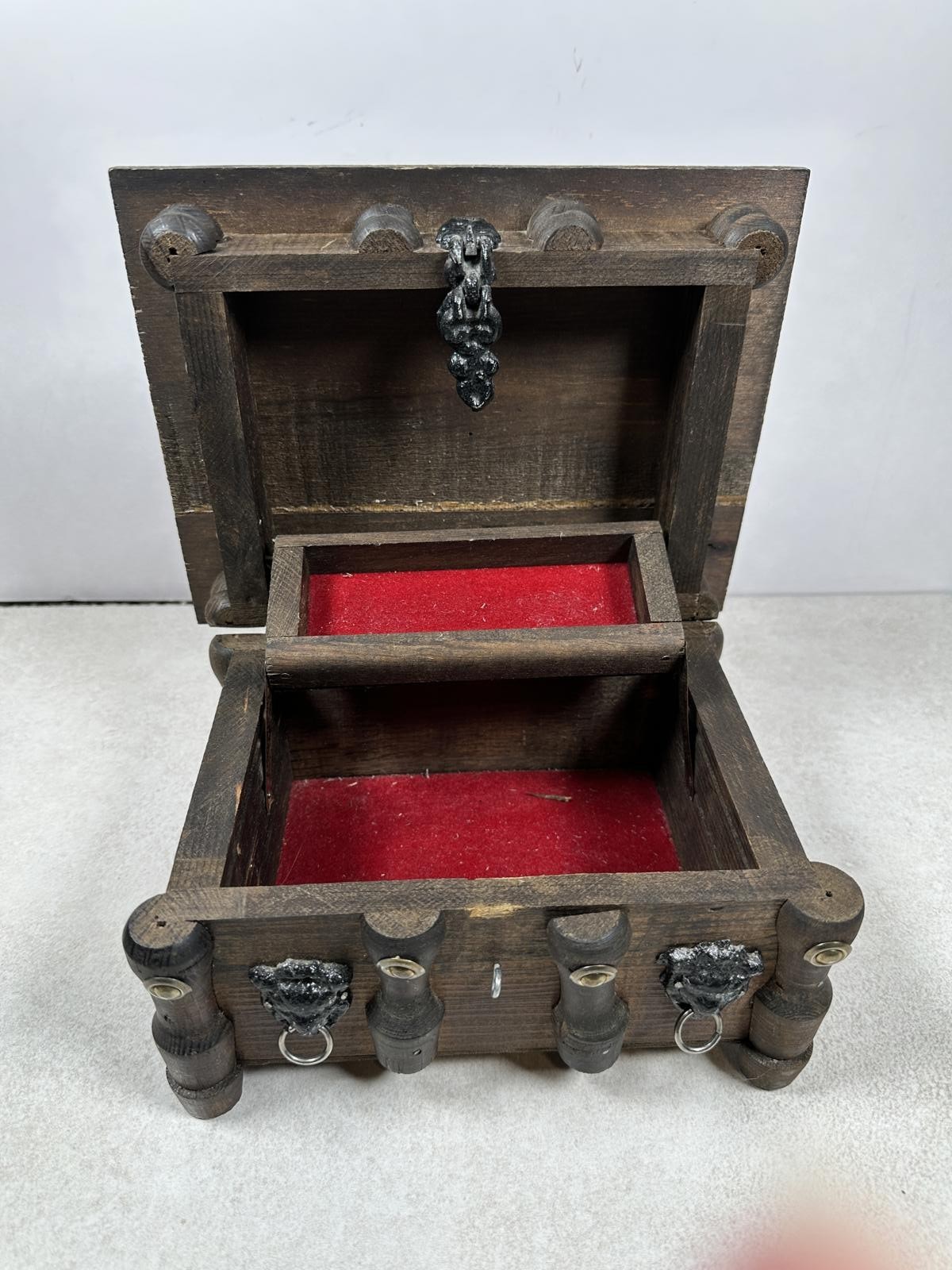 Vintage Wooden Jewelry Box With Lion Pulls Rustic Red Lined 10×7.75