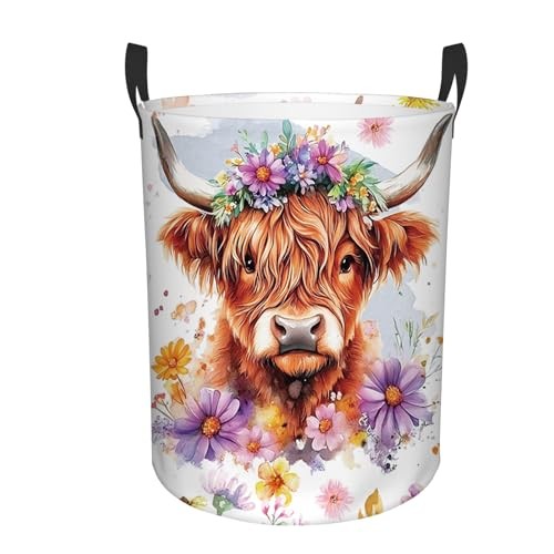 Highland Cow Laundry Basket, 43L Round Oxford Cloth Flower Highland Cattle