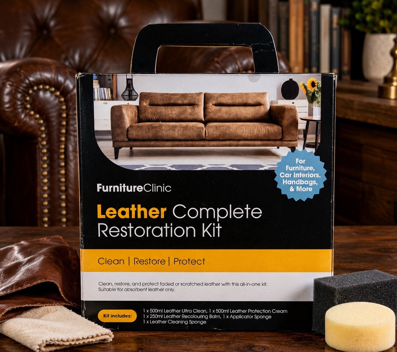 Furniture Clinic Leather Complete Restoration Kit Dark Brown Cleaner Balm Cream