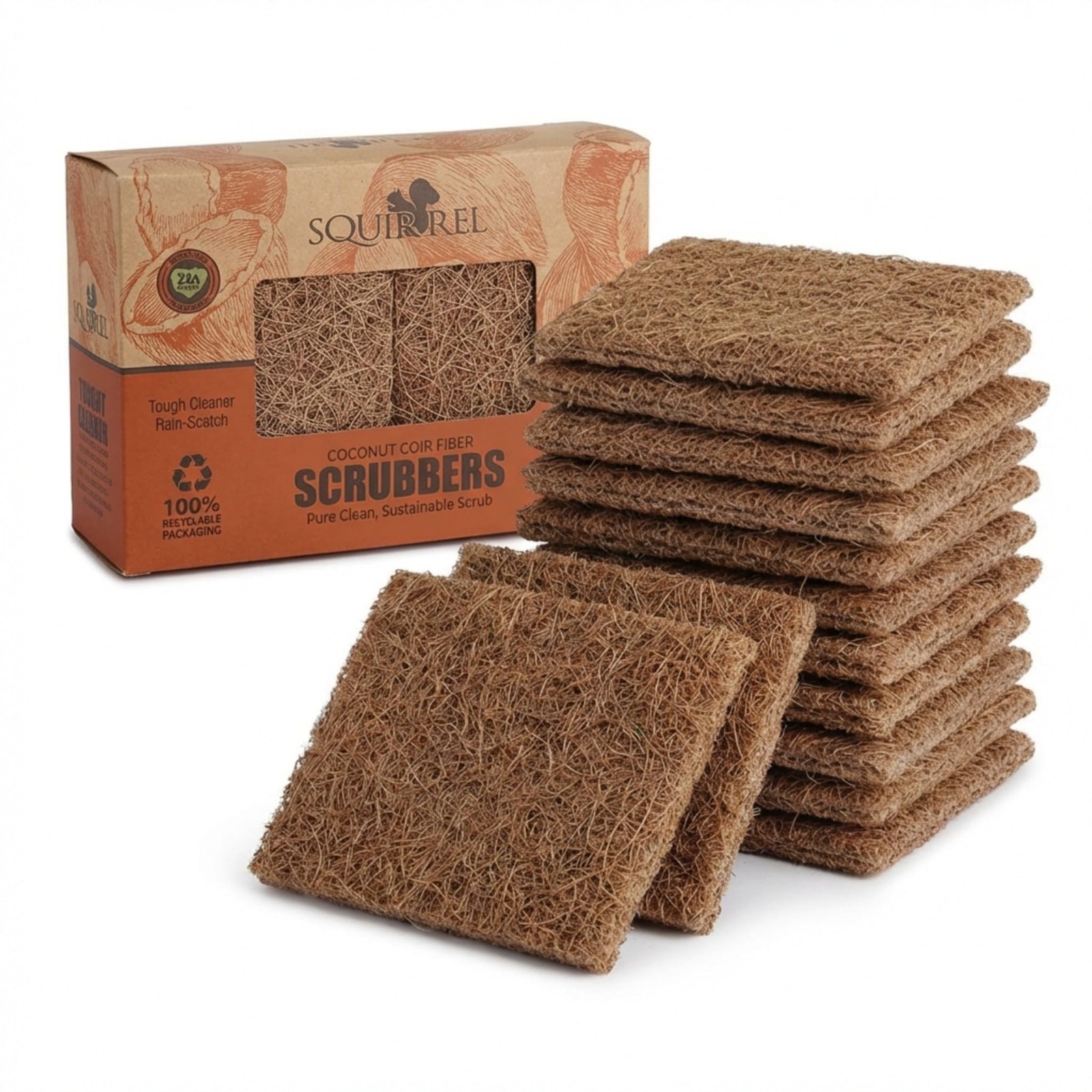 SQUIRREL Natural Coconut Coir Fiber Kitchen Scrubbers 12 Pack Biodegradable N…