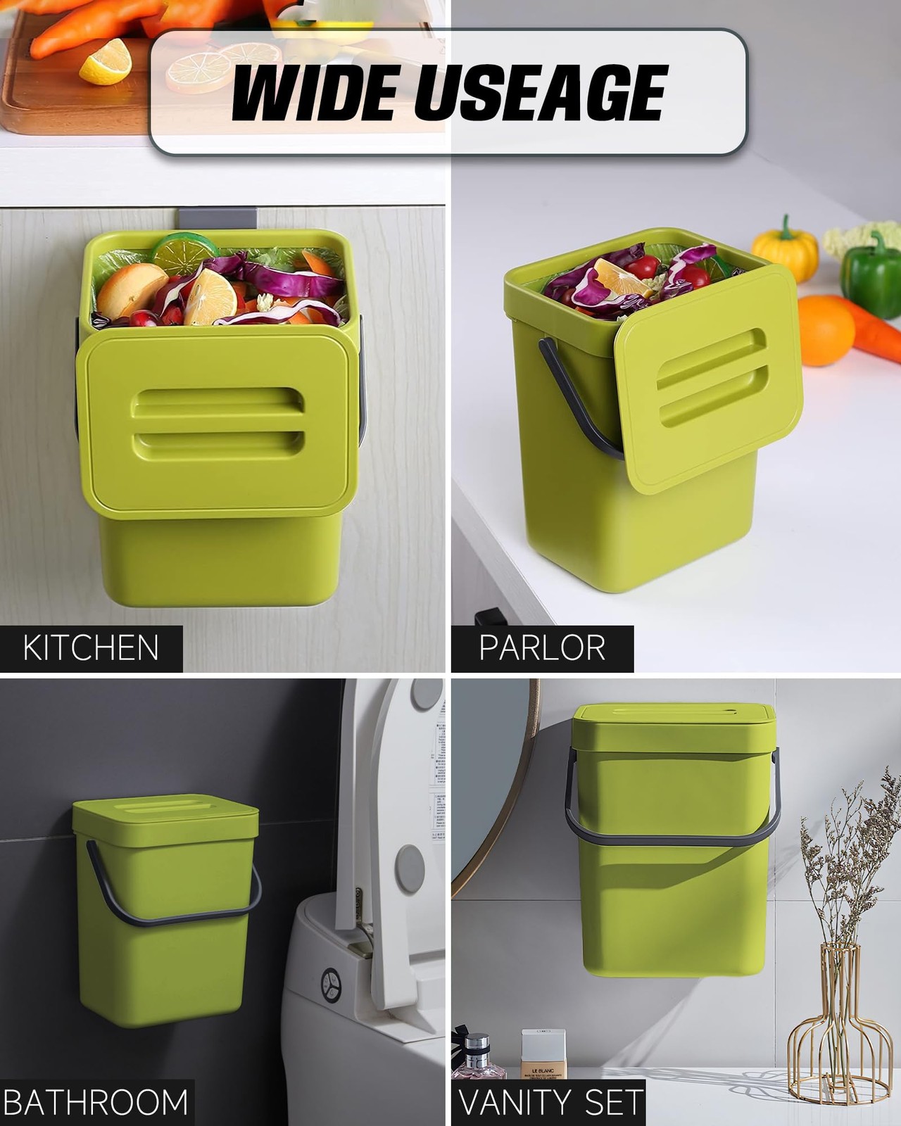 1.3 Gal Hanging Small Trash Can with Lid, Countertop Compost Bin, 5L, Green