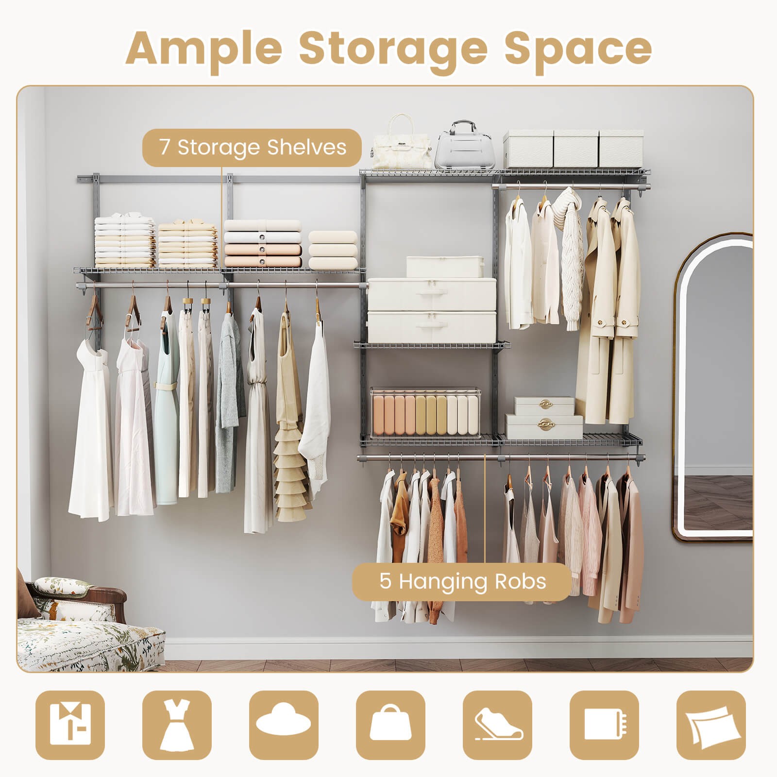 4-8 FT Wall-Mounted Closet Organizers and Storage System w/ Hanging Rod