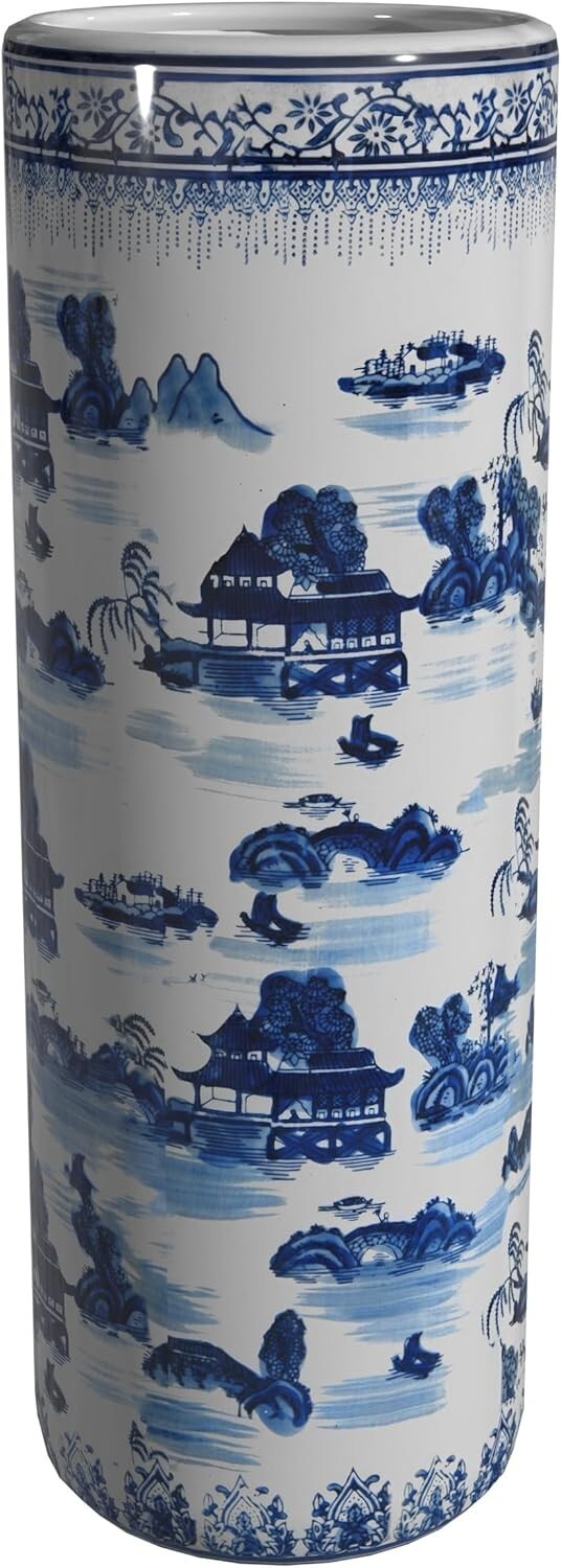 Floral Blue & Gray Porcelain Umbrella Cane Stand Holder Floor Vase Plant Vine
