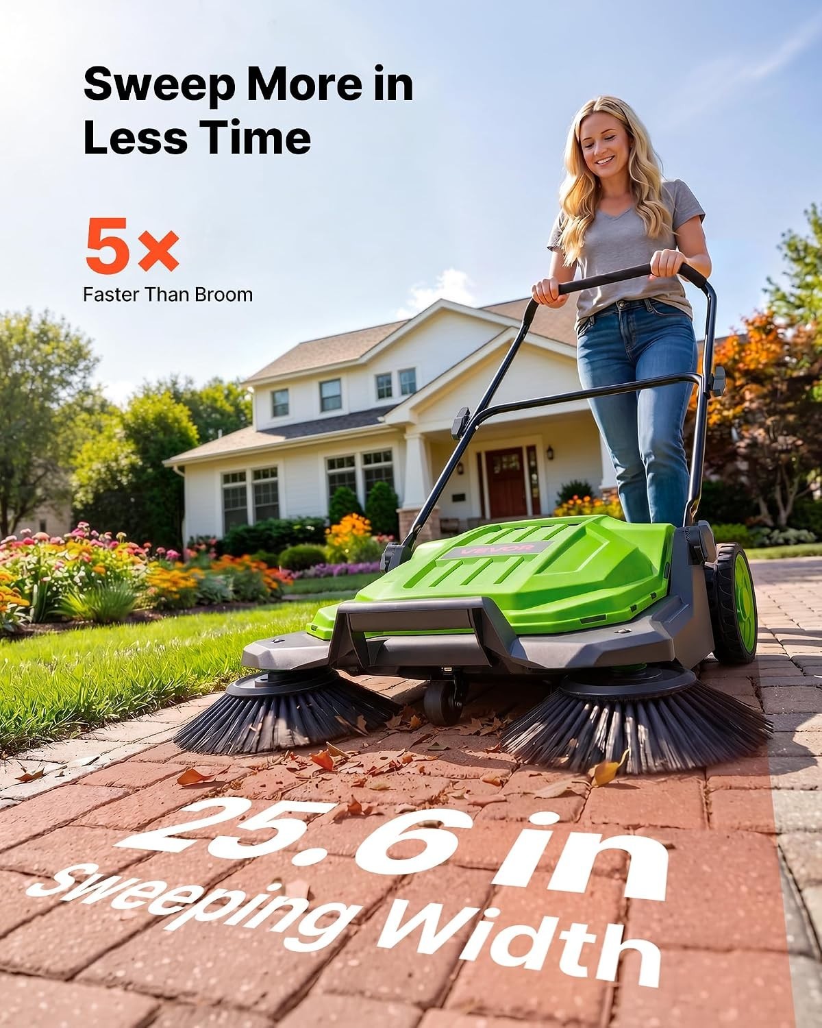 Pro Floor Sweeper, Manual Push, 25.6″ Wide, 5 Gal Bin, Ergonomic Folding Handle