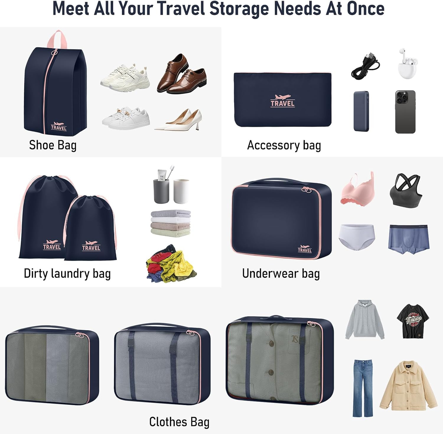 Travel Packing Cubes Set 8PCS Mesh Luggage Organizer Bags Navy Blue Mesh Design
