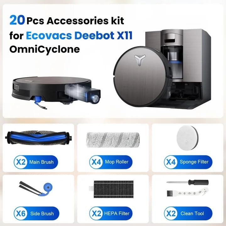 20 Pcs Accessories kit for Ecovacs Deebot X11 OmniCyclone, 2 Main Brush 4 Rol…