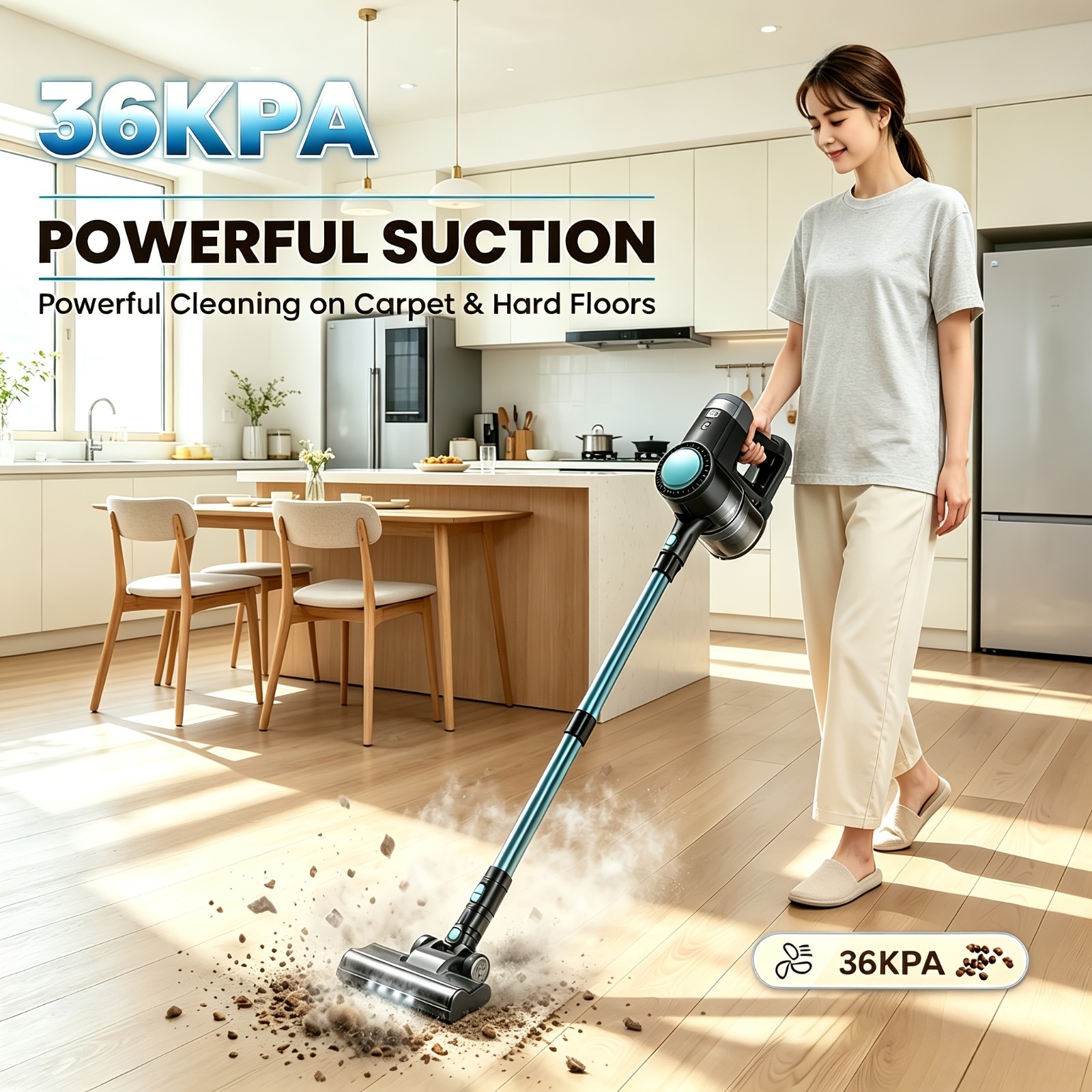 2200mAh POWEART N3 Cordless Vacuum Cleaner for home, Powerful LED Floor Brush Va