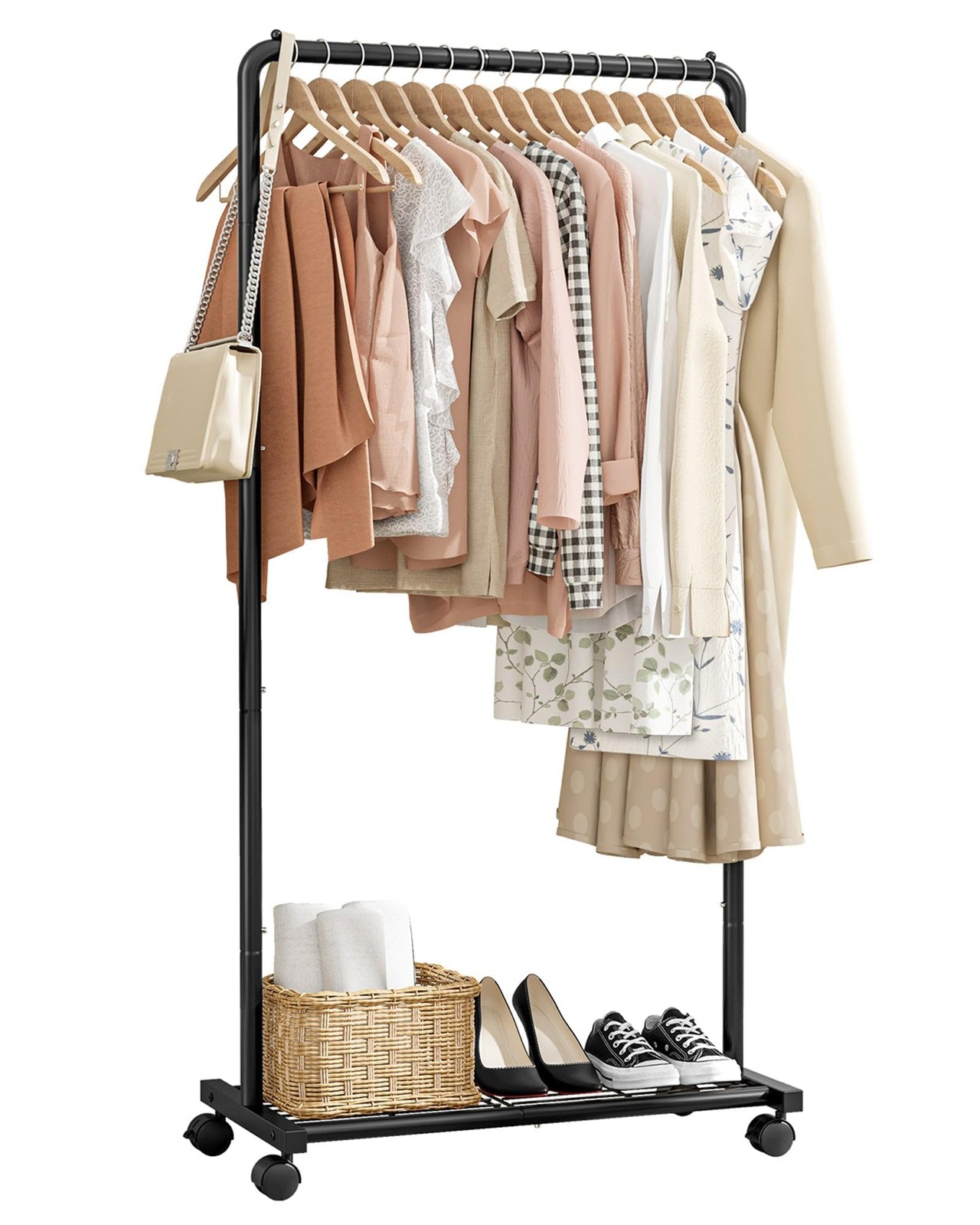 Clothing Rack with Shelf and Wheels Heavy Duty Metal Garment Rack Black