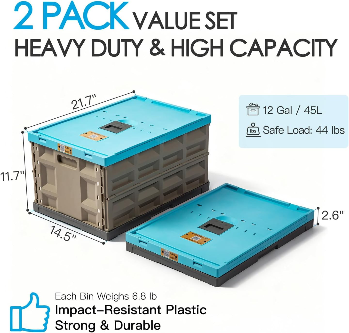 Heavy Duty Collapsible Storage Bins with Lids, 12 Gal, 2 Pack, 400 LBS Capacity
