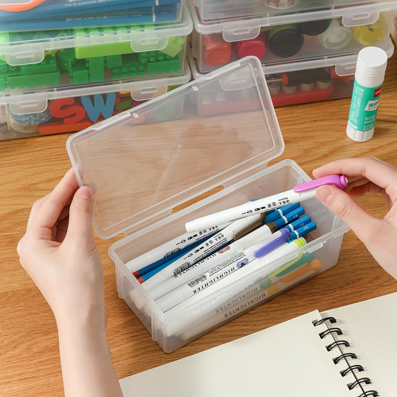Clear Translucent Pencil Cases and Pencil Boxes, 8-Pack Stackable Plastic Pen…