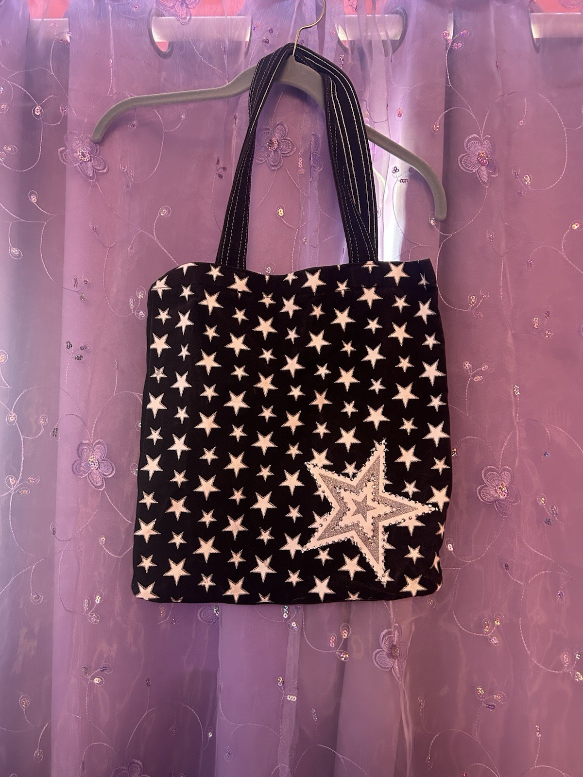 Foldable Black and White Star Pattern Tote Shopping Bag