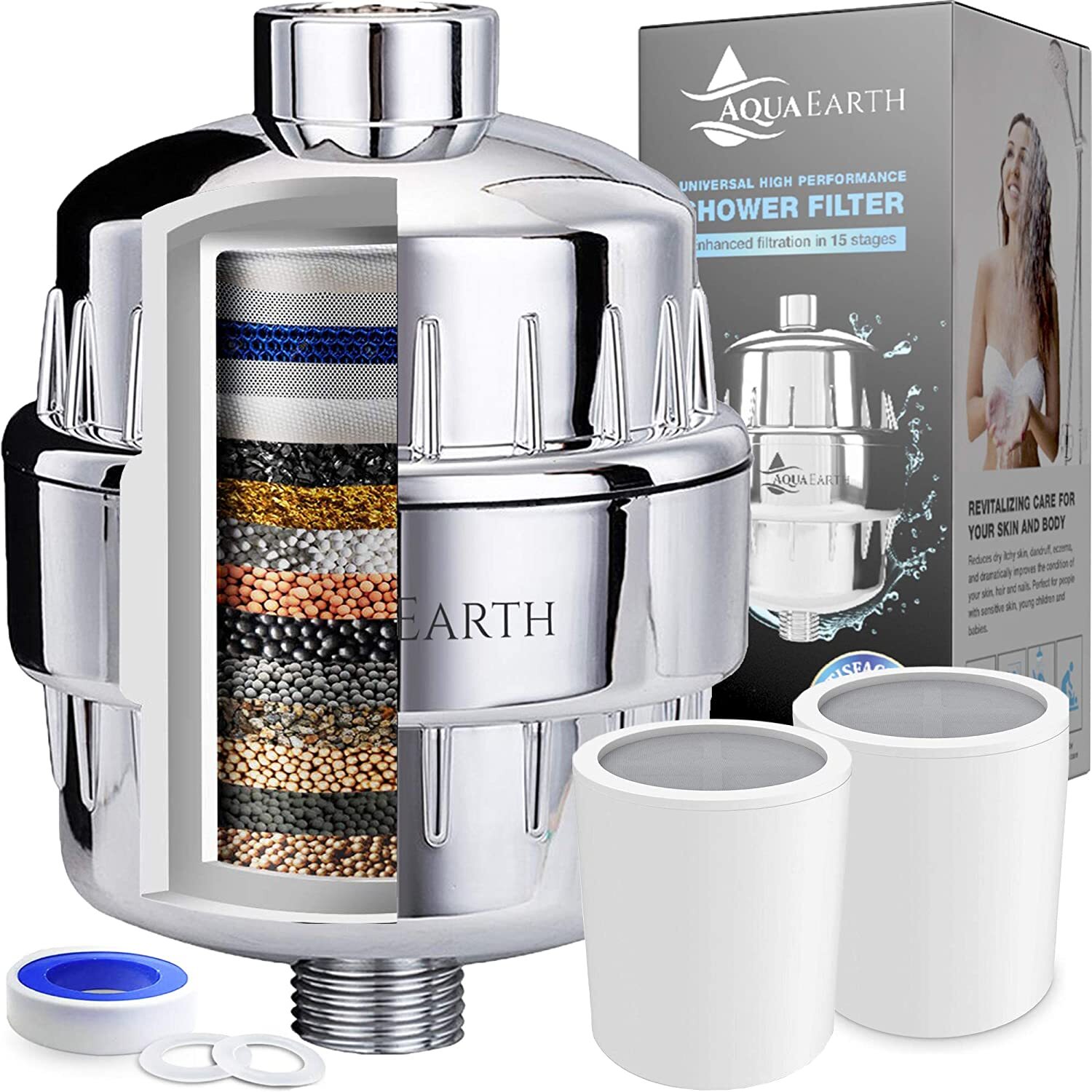 15 Stage Shower Filter w/2xReplacements for Hard Water Chlorine Water Softener