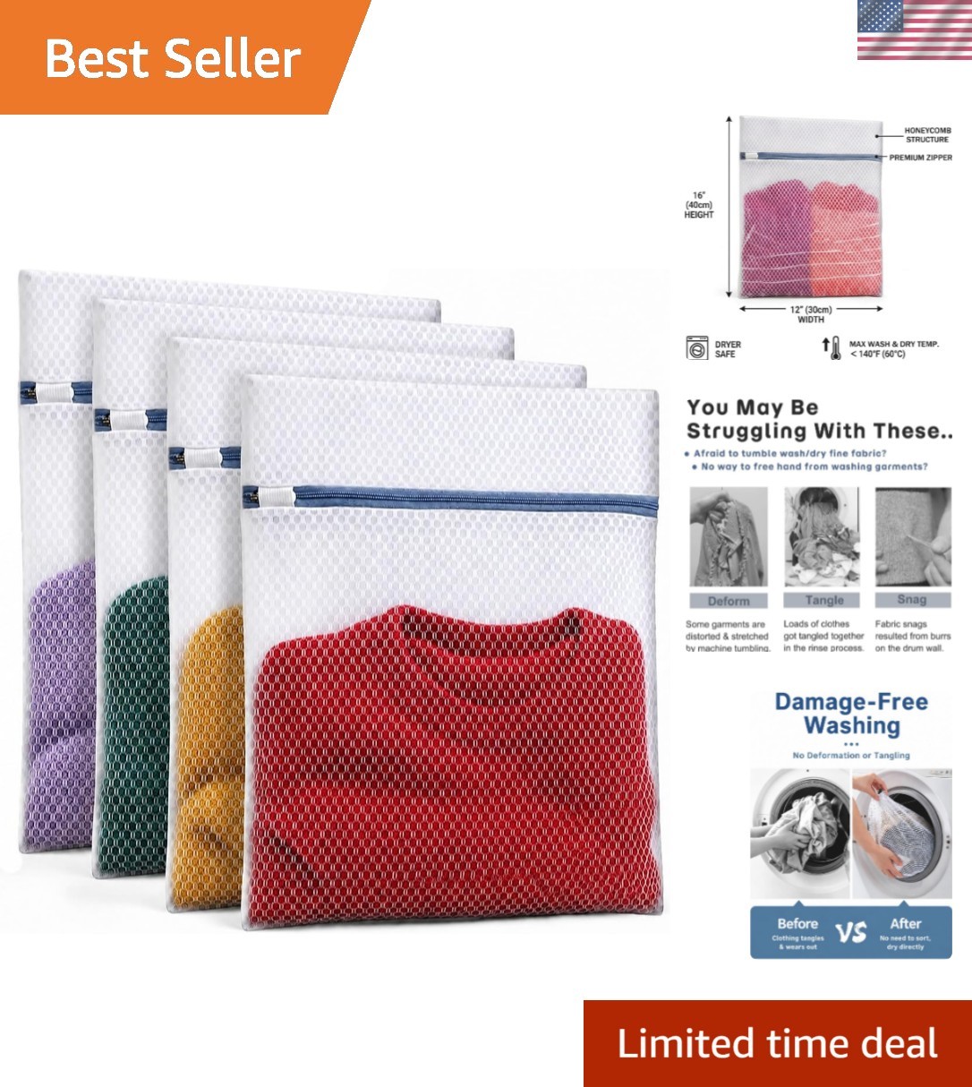 Laundry Bags 4 Pack – Honeycomb Mesh Laundry Bags, 11.4×15.5 Inches Medium Wa…