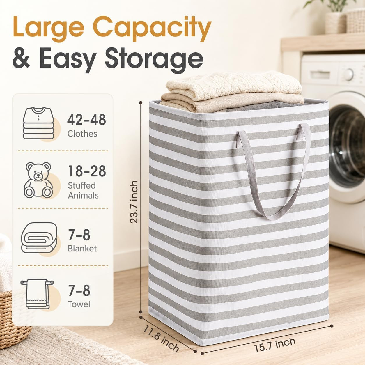 Large Waterproof Collapsible Laundry Baskets with Handles, 75L, Grey, 2 Pack