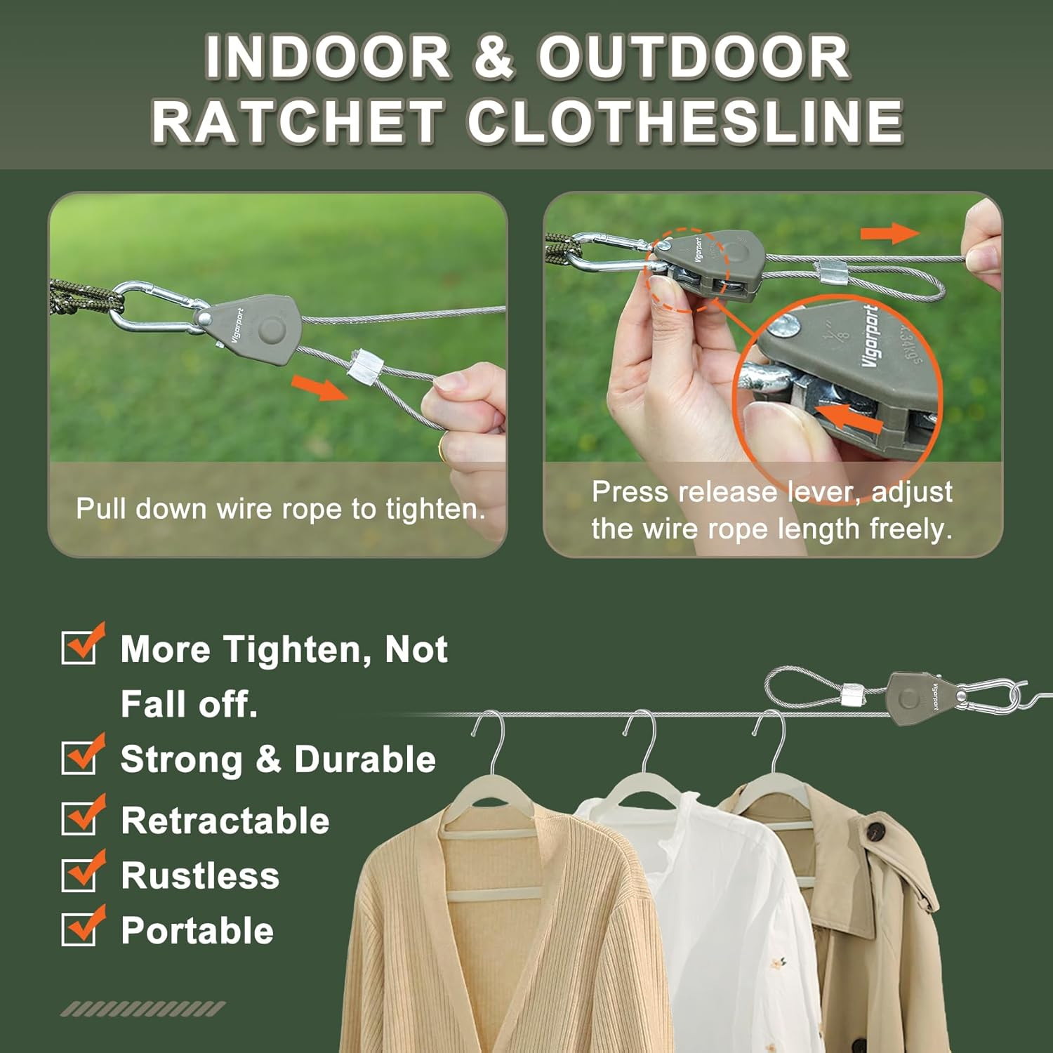 Outdoor Retractable Clothesline Portable Travel Clothes Line Wire Ropes with PVC