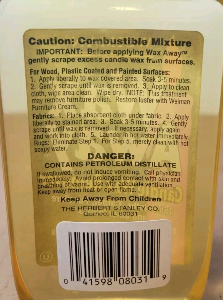 Weiman Wax Away Candle Wax Remover Fabrics 8 fl oz White Cap Bottle – NEW SEALED