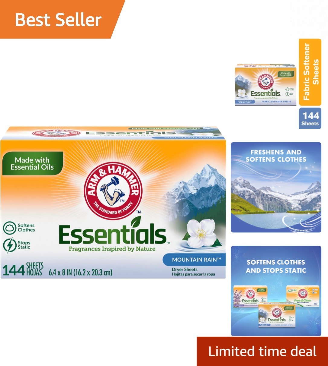 144 Count Fabric Softener Sheets – Natural Softness and Mountain Rain Fragrance