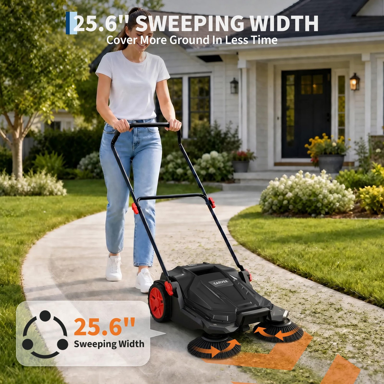 New Floor Sweeper Walk Behind Hand Push 25.6 Inch Width 5 Gal Waste Container