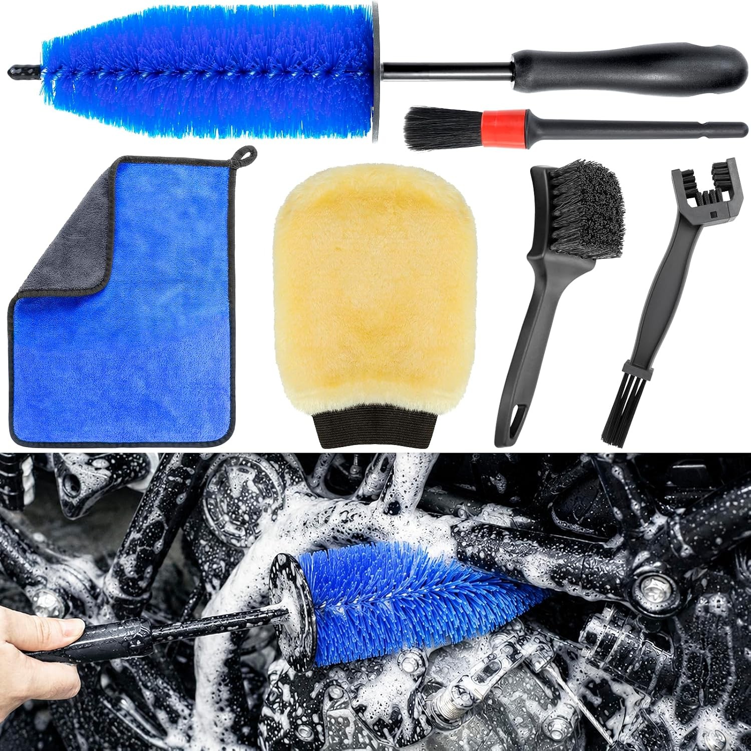 focopot Motorcycle Cleaning Kit 6 Pack with Easy Reach Brush,Tire Brush,Wool …