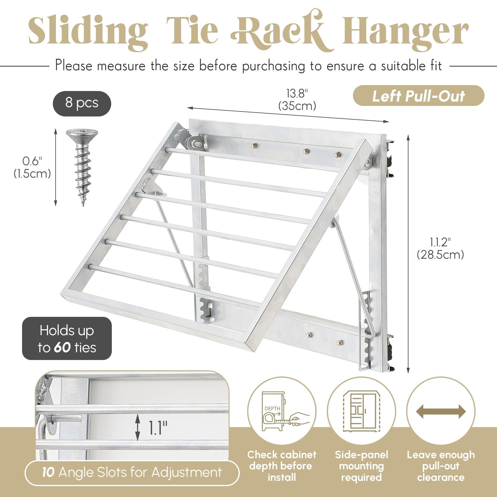13.8″ Sliding Tie Rack & Belt Organizer – Wall Mounted Metal Hanger, Silver