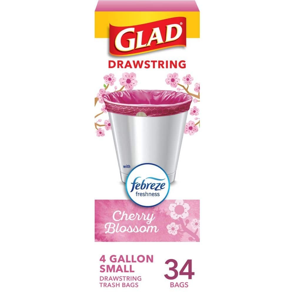 Small Trash Bags 4 Gallon Drawstring Glad Cherry Blossom Febreze 34 Count