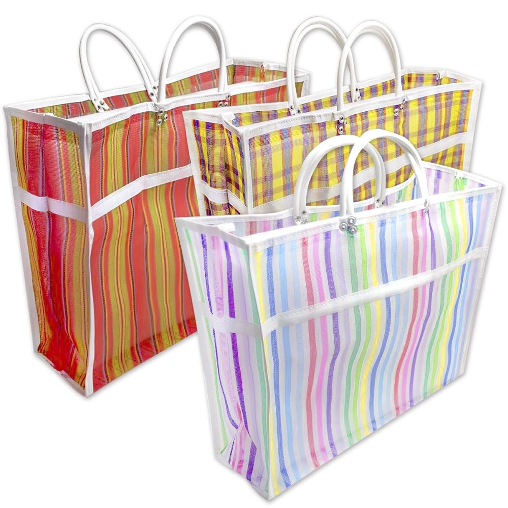 Assorted Colors High Thread Mesh Mexican Market Reusable Bags 13×15 In 3 Pack