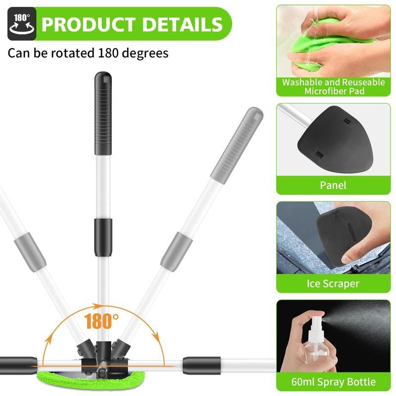 Car Windshield Cleaning Tool 23″ Extendable Handle 4 Reusable Pads In&Out Use
