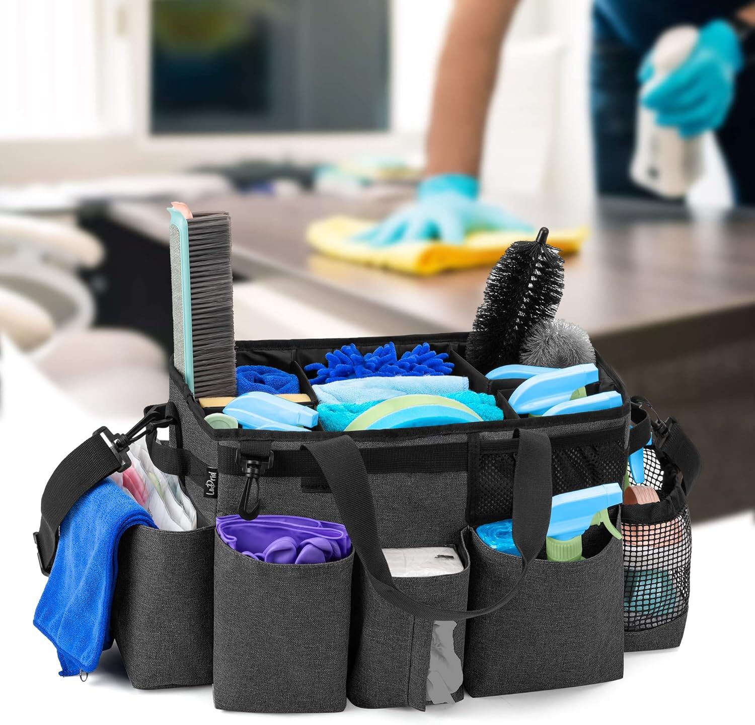 Large Wearable Cleaning Caddy Bag with 4 Foldable Dividers, Cleaning Supply Tote