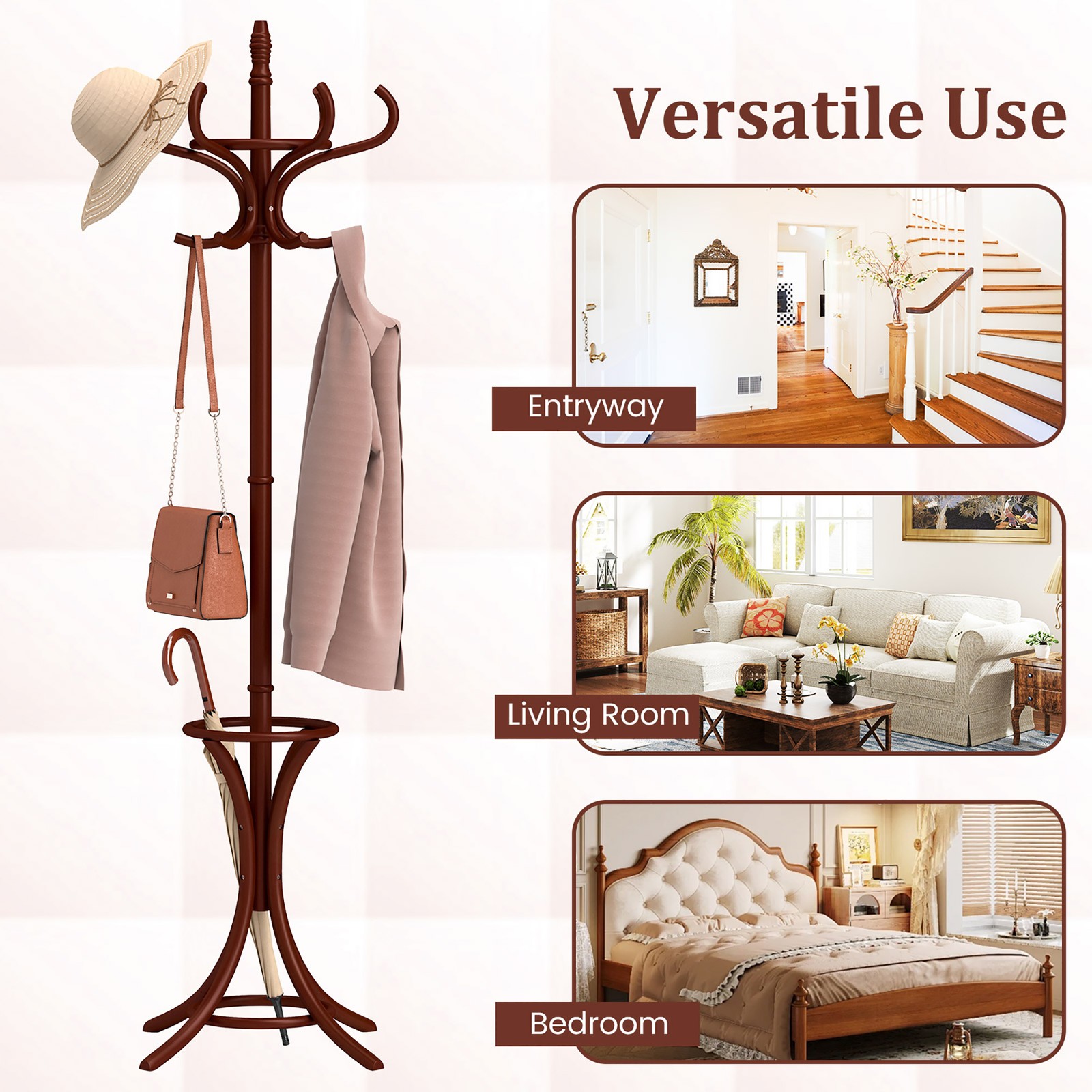 Wood Standing Hat Coat Rack Jacket Bag Hanger Tree 12 Hooks Reddish Brown w/