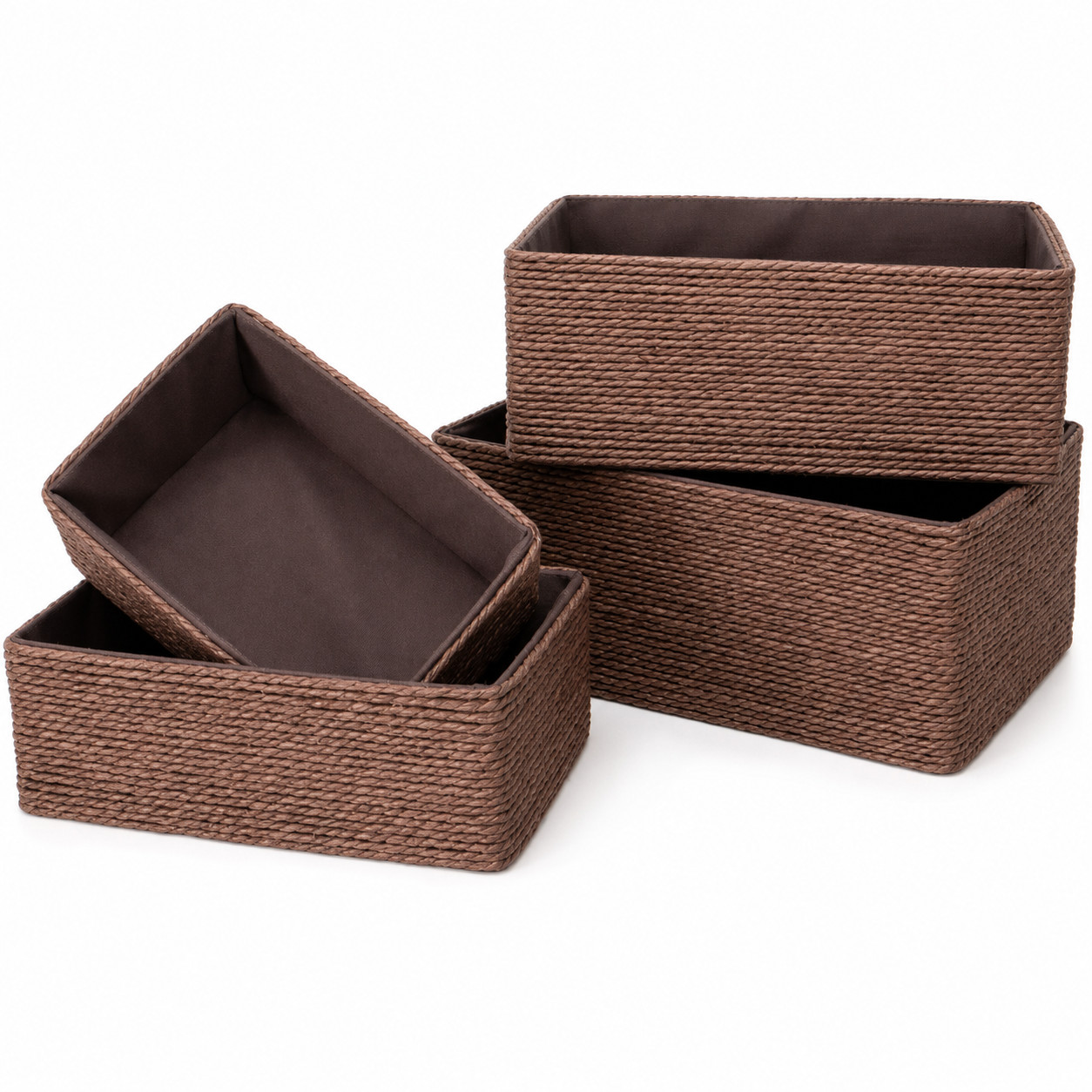 4-Piece Woven Storage Basket Set Recycled Paper Rope Organizer Bins Brown