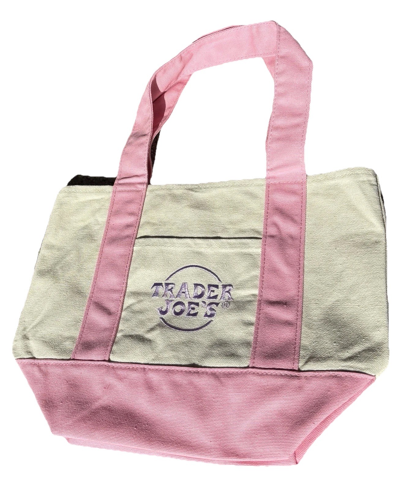 Trader Joe’s Mini Canvas Tote Bag Spring 2025 Pastel Pink NWT Purple Embroidery