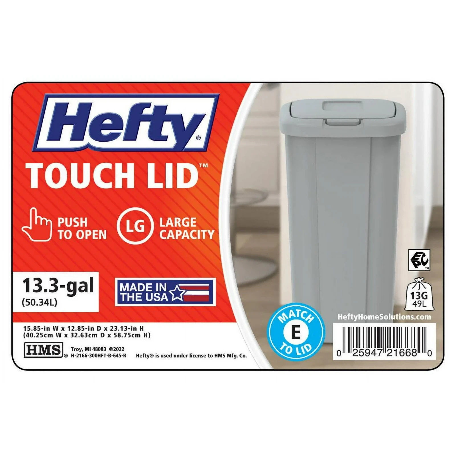 Hefty 13.3 Gallon Trash Can, Plastic Touch Top Kitchen Trash Can, Grey
