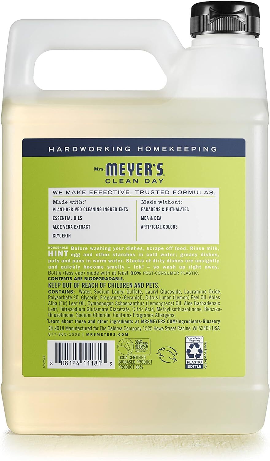 Mrs. Meyer’s Clean Day Liquid Dish Soap Refill, Lemon Verbena Scent, 48 Fluid Oz