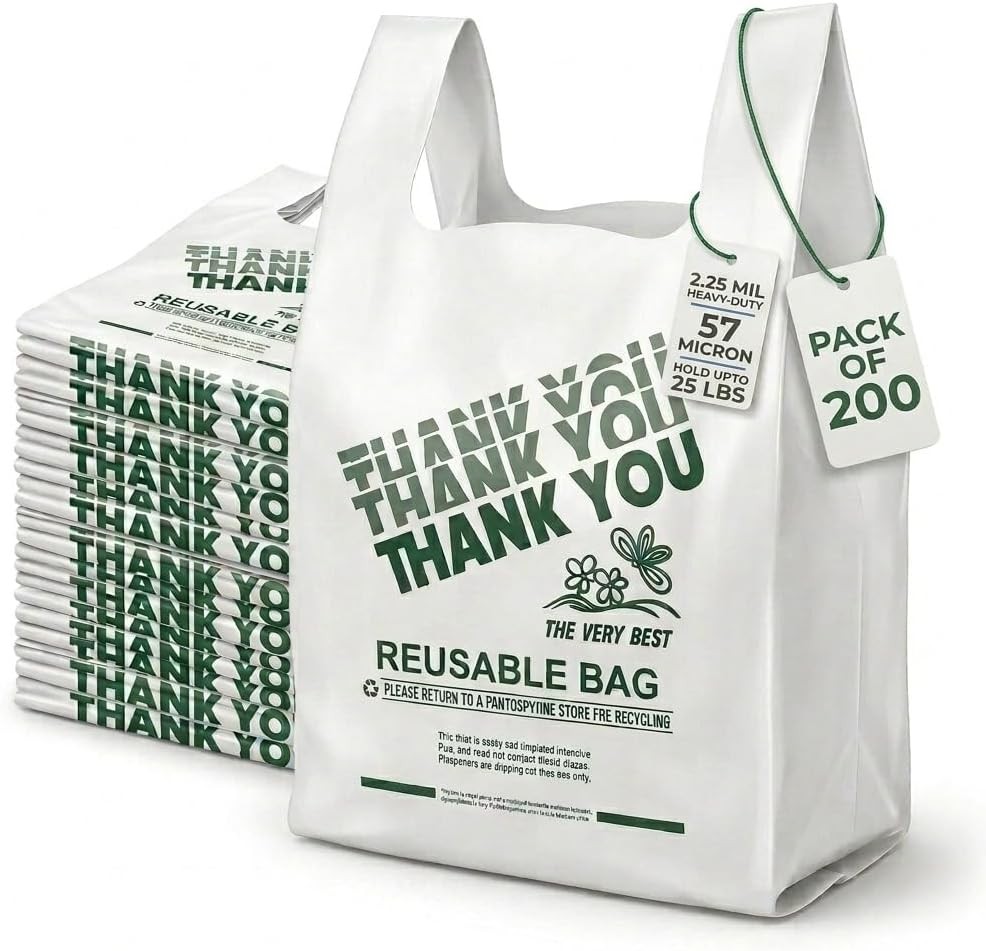 2.25 Mil Reusable Plastic Grocery Bags | PACK OF 200 – 12″ x 7″ x 22″ Thick 55