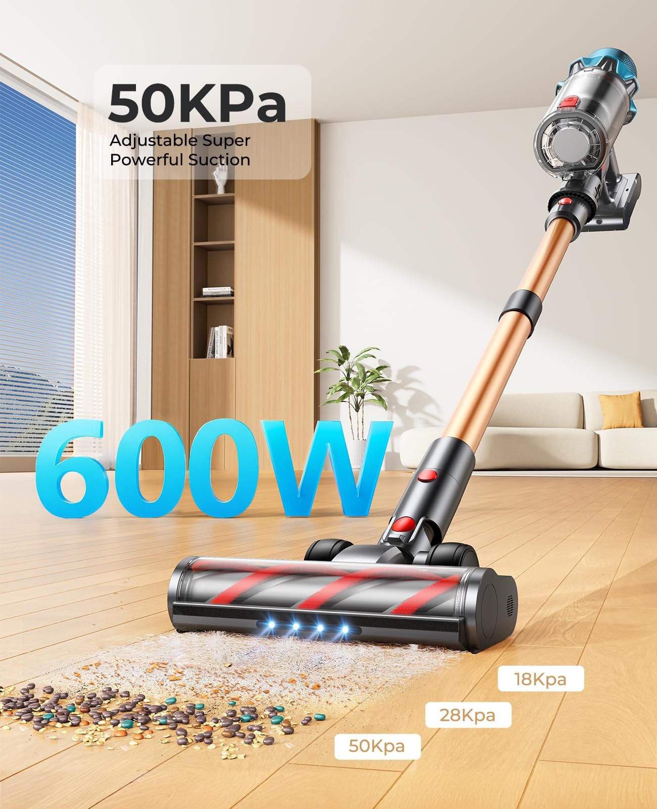 Cordless Vacuum Cleaner 600W/50Kpa, Cleaner for Carpet/Hard Floor/Pet Hair
