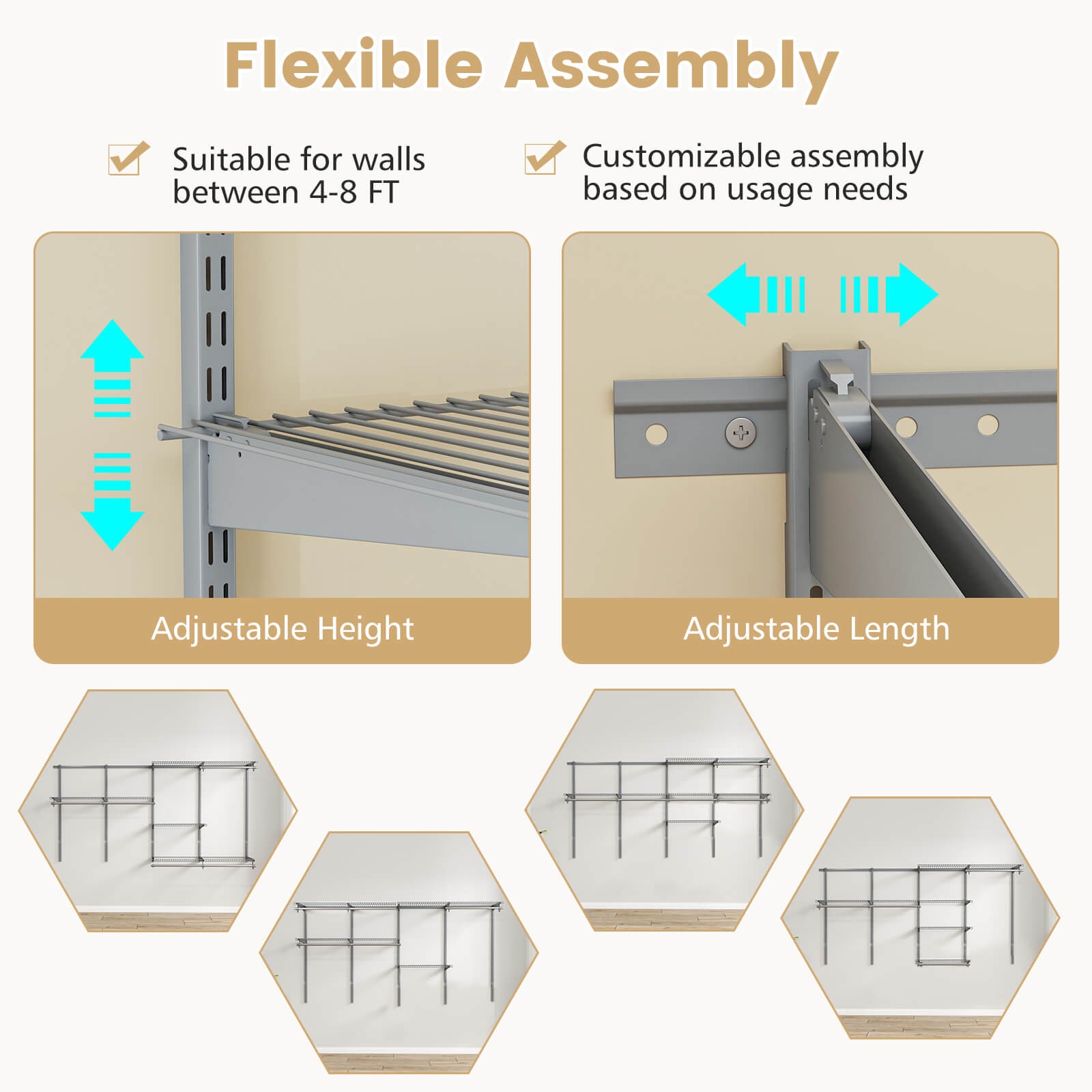 4-8 FT Wall-Mounted Closet Organizers and Storage System w/ Hanging Rod